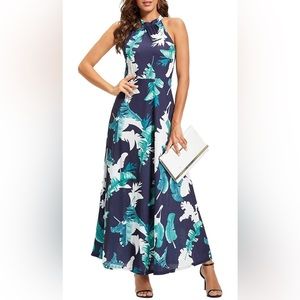 Palm Print Halter Maxi Dress